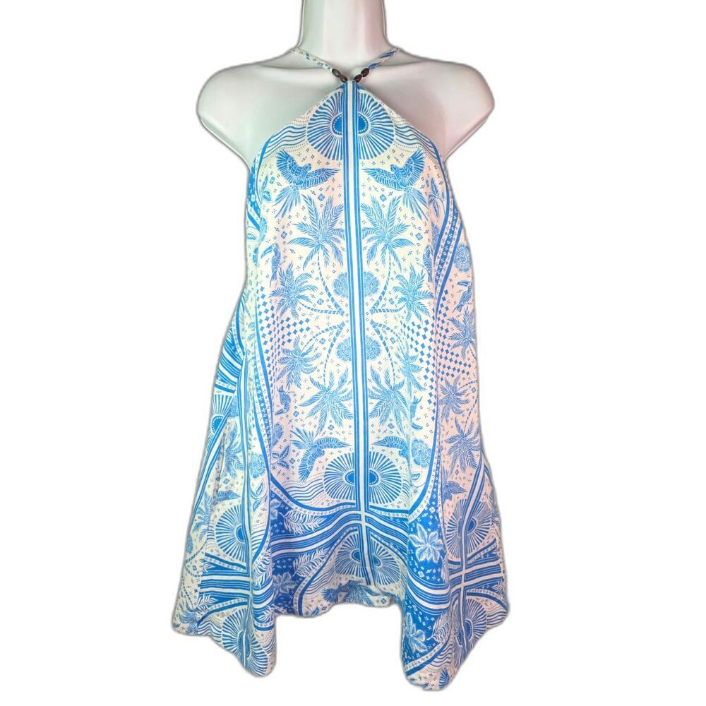 Rachel Zoe Linen Halter Mini Dress Blue White Tropical Boho Resort M